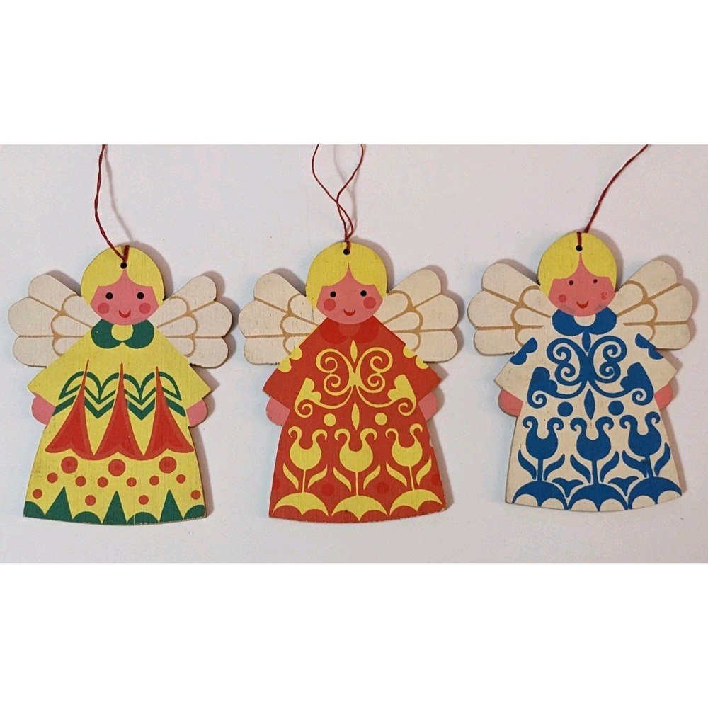 3 Vtg Wooden Flat Handpainted Angel Ornaments Erzgebirge Germany Heller Wood